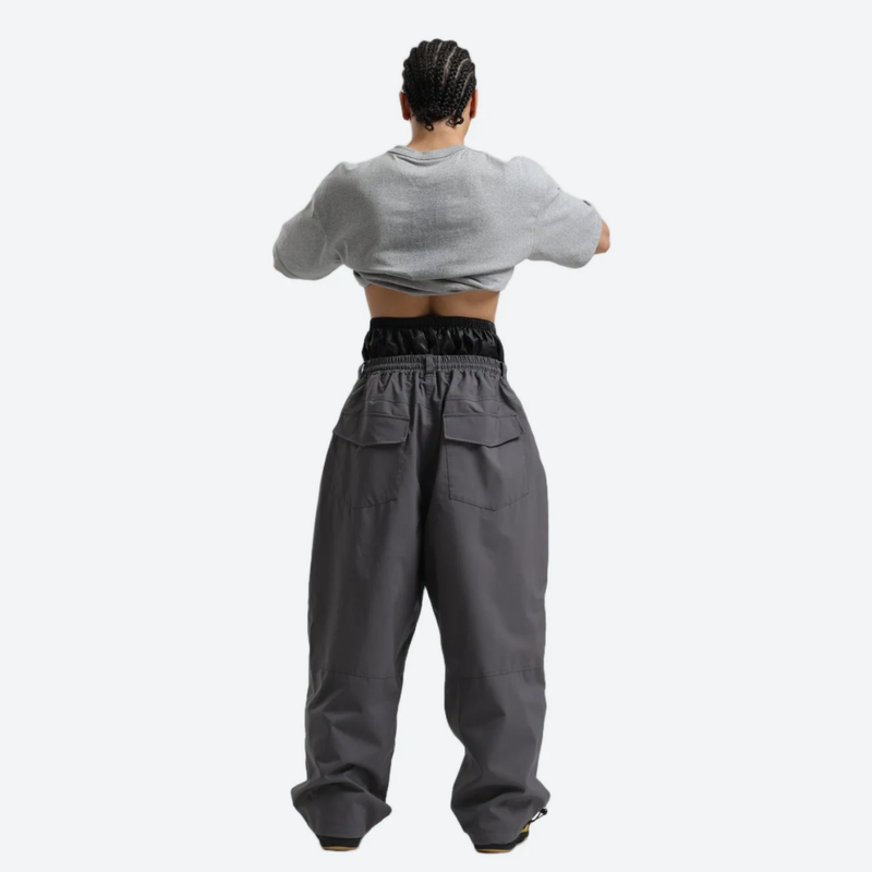 Men's waterproof 2L pullover snow jacket and pants - gray snow pants, on-model back view, for powder days and winter commute