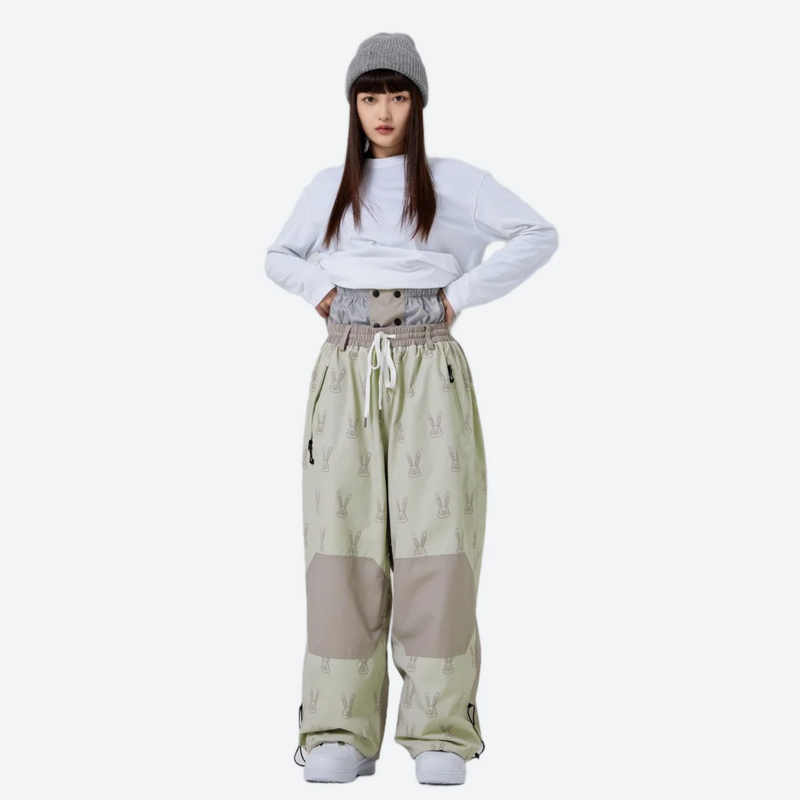 Women's waterproof 2L snow jacket and pants - sage green rabbit print snow pants with white top