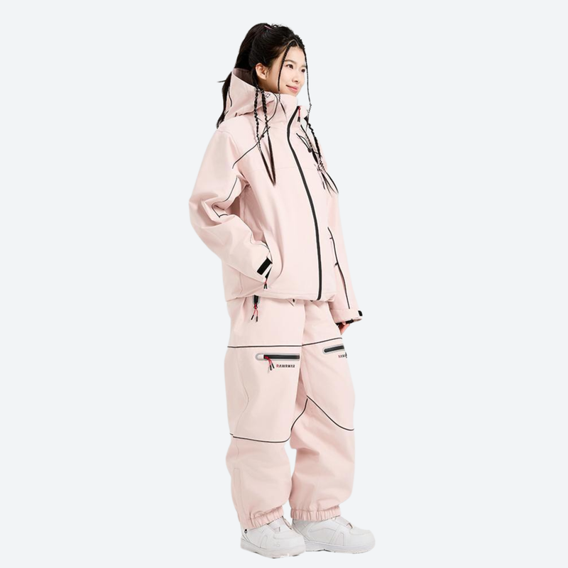 Men's reflective piping breathable ski jacket set - light pink jacket with light pink pants, for cold-weather winter sports
