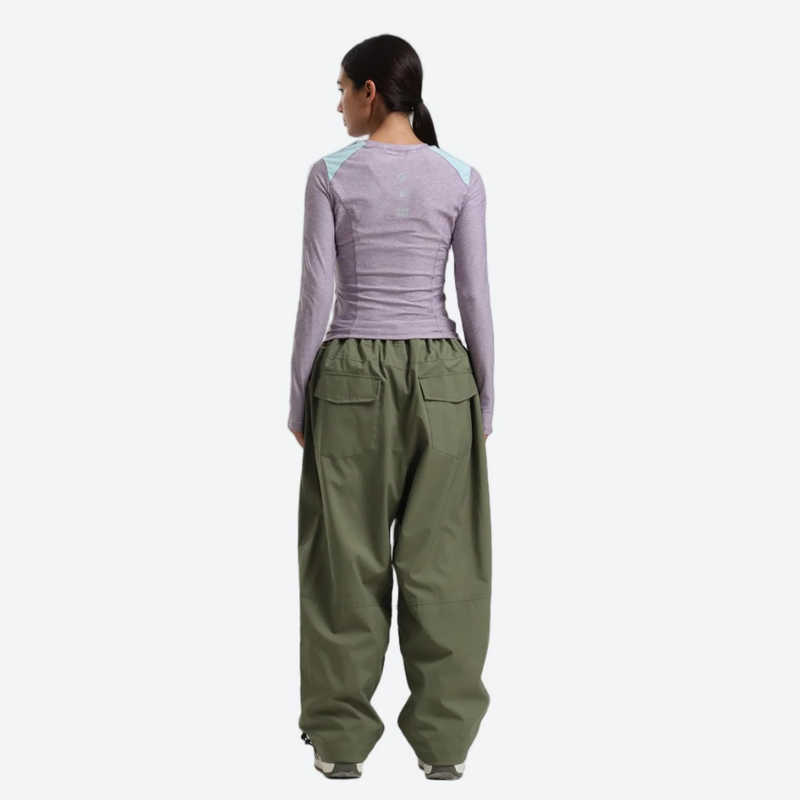 Women's 2-layer snowboard jacket and wide-leg pants - olive green snow pants with lavender top, for resort and street wear