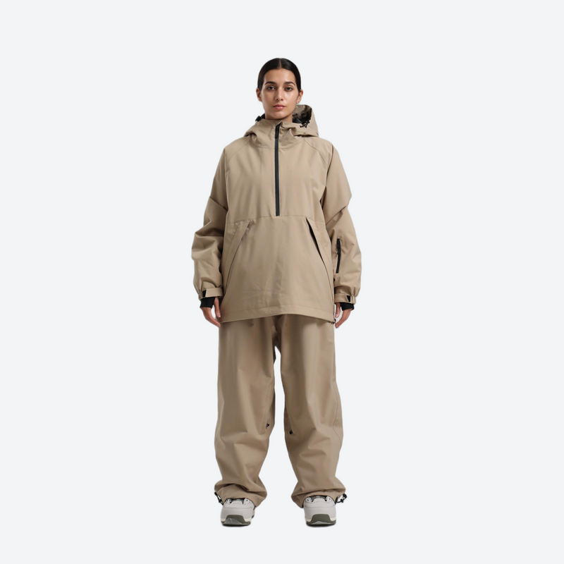Women's 2-layer snowboard jacket and pants - khaki tan anorak jacket with khaki pants, for resort and street wear