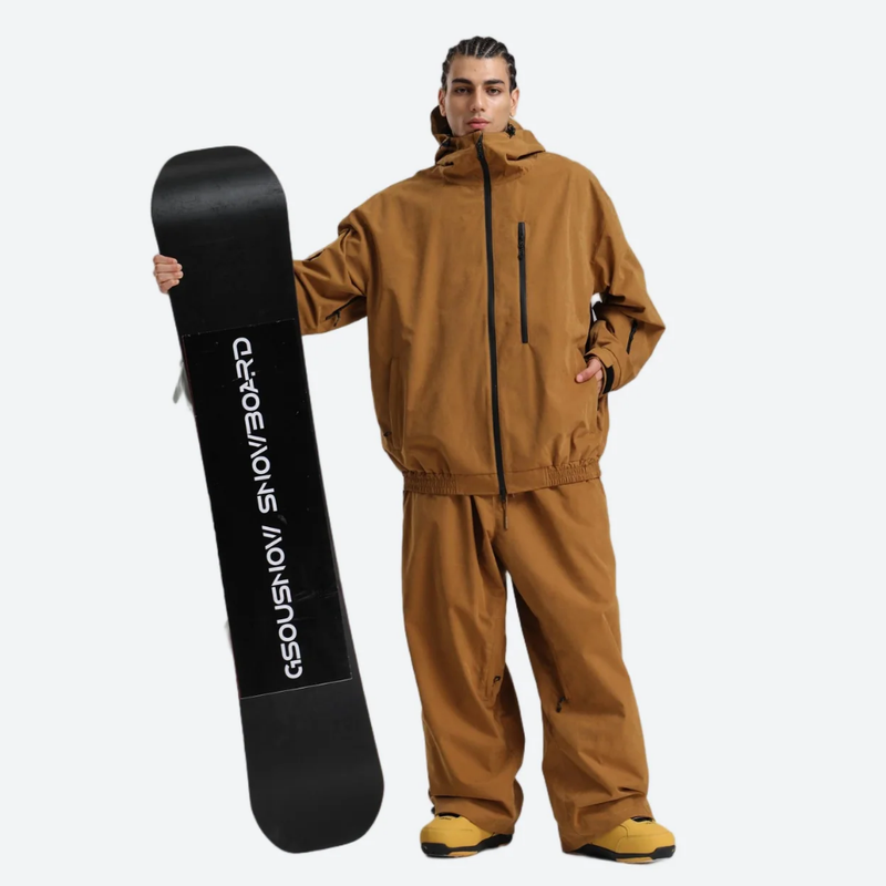 Breathable 3-layer ski pullover with balloon pants - coffee brown jacket with coffee pants, for resort and street wear