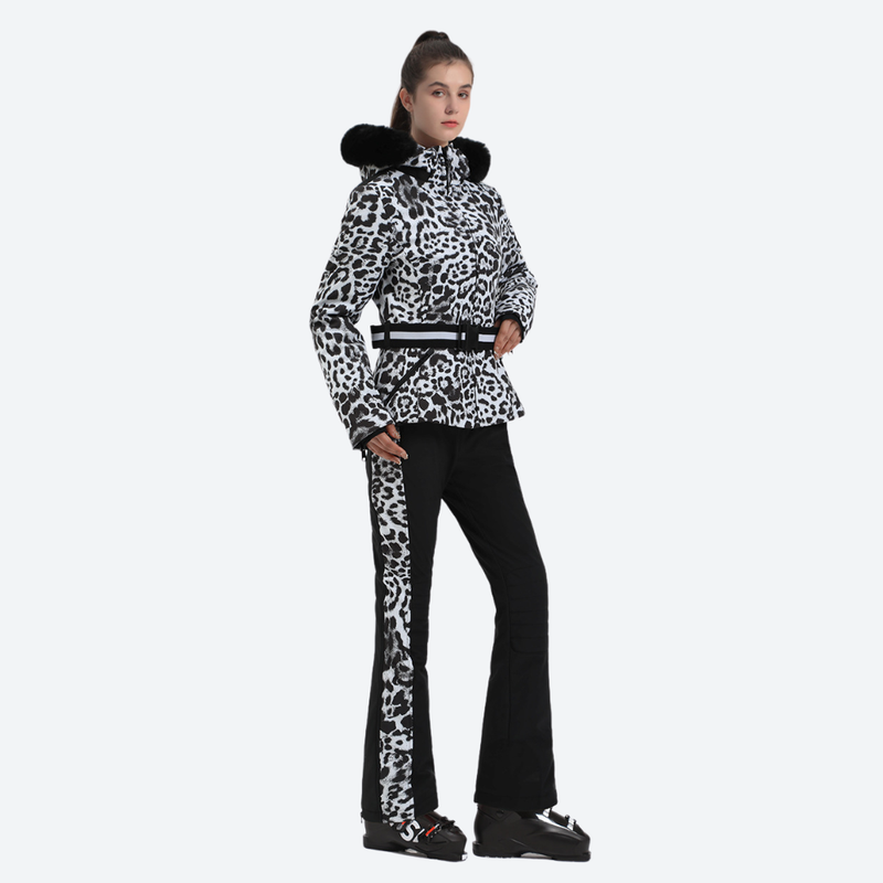 Women's waisted waterproof ski jacket - leopard print slim fit ski jacket with fur collar, for resort ski days