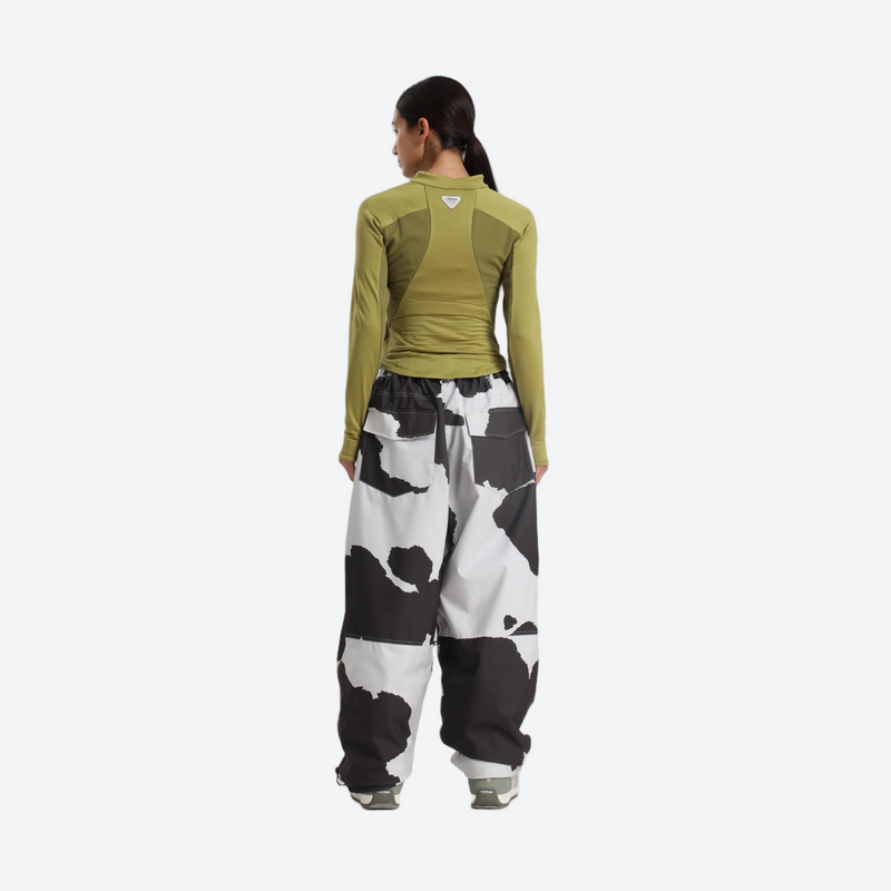 Women's breathable ski jacket set - olive green base layer top with cow print snow pants, for skiing and snowboarding