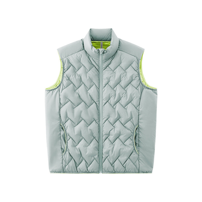 Unisex ultralight packable down vest and jacket - light blue ultralight down vest with lime lining, front product view