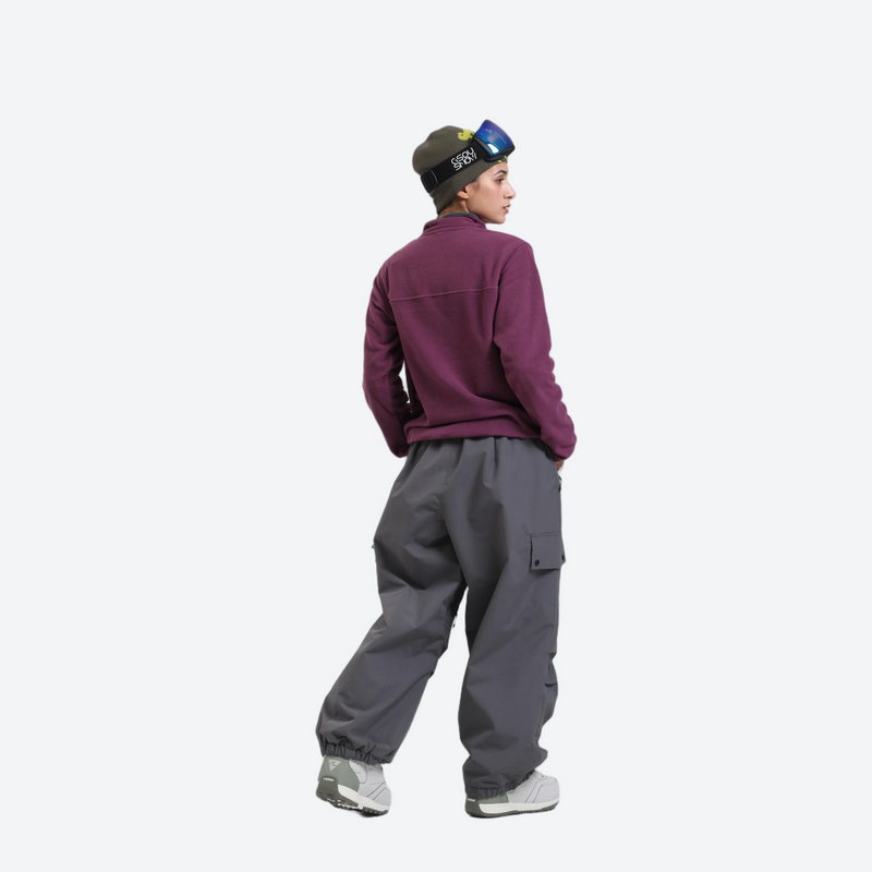 Unisex breathable wide-leg ski pants - gray snow pants with purple pullover, on-model back view, for resort and street wear