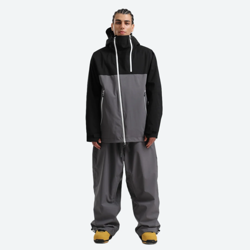 Men's waterproof 2L pullover snow jacket and pants - black and gray colorblock, for skiing and snowboarding