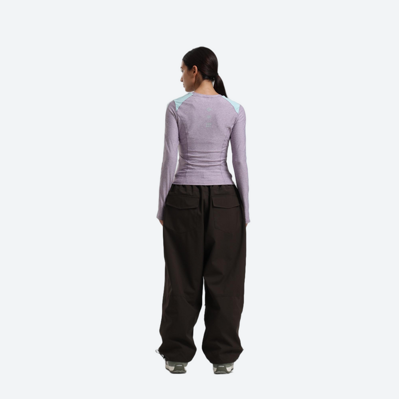 Women's waterproof 2L anorak snow jacket and pants - lavender base layer top with coffee brown snow pants, on-model back view
