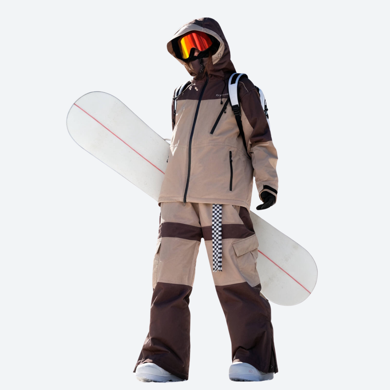 Unisex waterproof 3L snow jacket and pants series - coffee brown and tan colorblock suit, for powder and piste riding