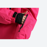 
                  
                    Women's breathable ski pullover jacket and pants set - rose pink, cuff close-up with hand, for cold-weather winter sports
                  
                