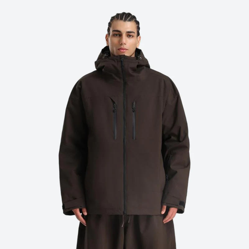 Men's breathable ski jacket with chest zip pockets - coffee brown jacket, on-model front view, for cold-weather winter sports