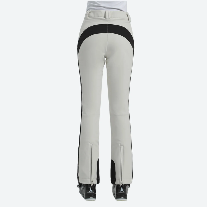 Women's adjustable ski pants with inner snow skirt - cream ski pants with black side stripe, for skiing and snowboarding