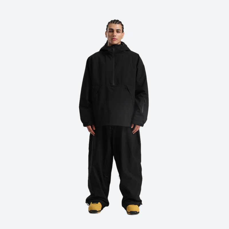 Men's breathable ski pullover set - black jacket with black pants, on-model full-body front view, for resort and street wear