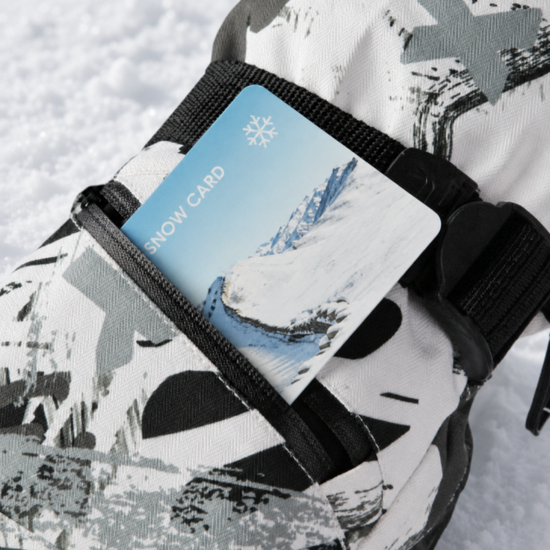 Spritz printed full finger snow gloves - white print snow glove cuff, card pocket view with card, for snow sports weekends