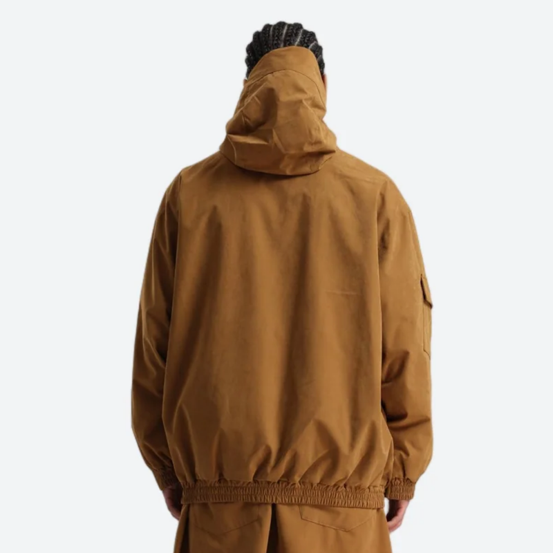 Unisex snowboard jacket and pants set - coffee brown jacket, on-model back view, for resort and street wear