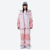 
                  
                    Women's breathable rabbit print ski jacket set - pink rabbit print jacket with matching pants, front view with open jacket
                  
                