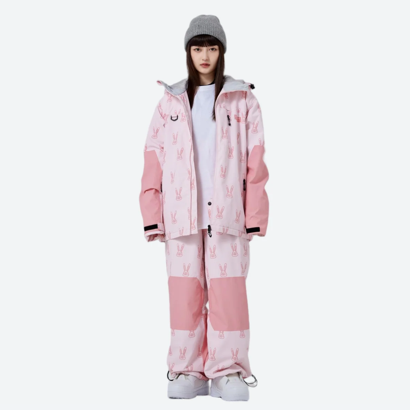 Women's breathable rabbit print ski jacket set - pink rabbit print jacket with matching pants, front view with open jacket