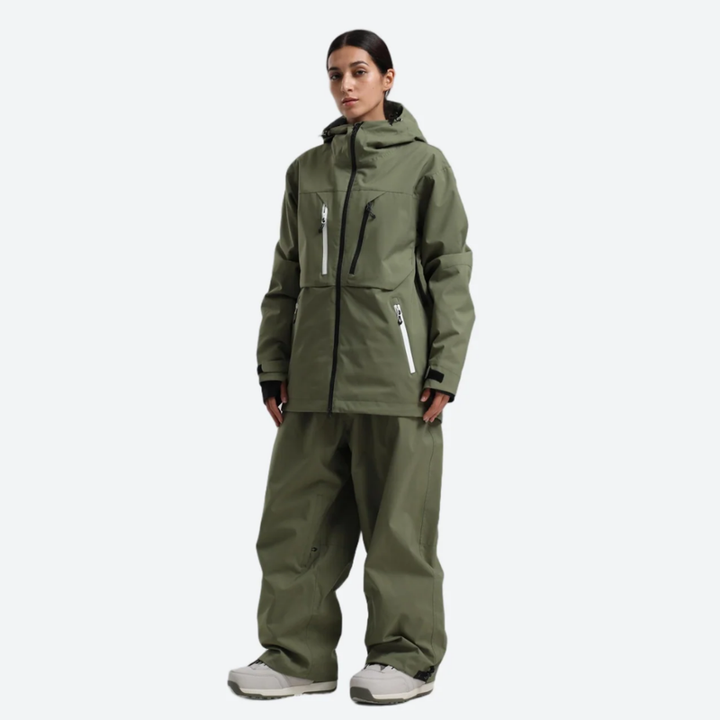 Women's waterproof 2L snow jacket and pants - olive green jacket with olive pants, for resort and street wear