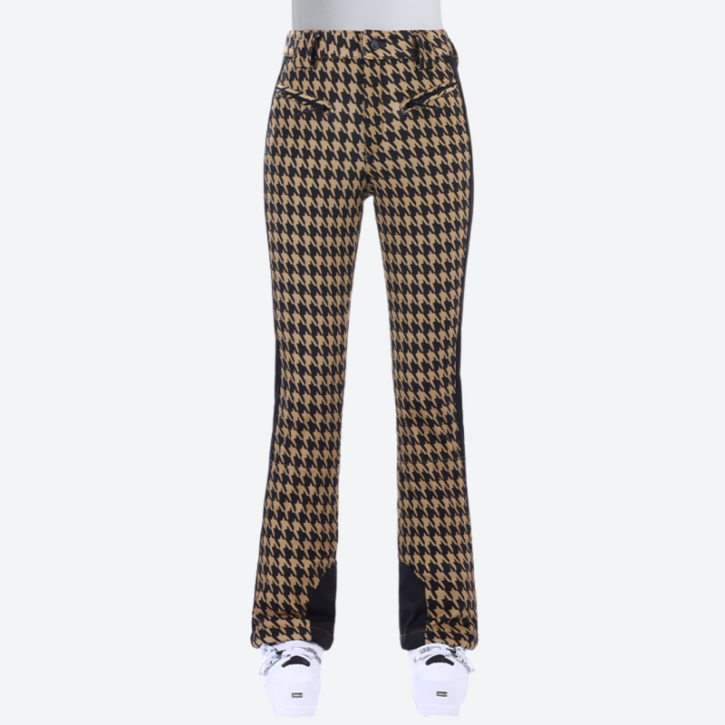 Women's slim fit waterproof stretchable ski pants - brown houndstooth ski pants, for snow sports weekends
