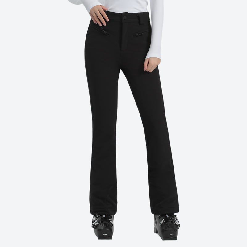 Women's slim waterproof ski trousers for resort - black ski pants, front standing view, for resort ski days