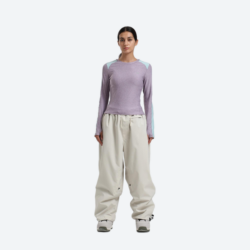 Women's 2-layer snowboard jacket and pants - lavender base layer top with cream snow pants, for resort and street wear