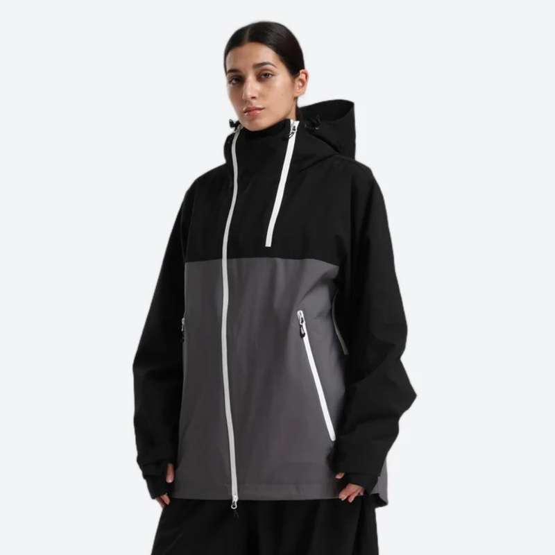 Women's breathable 2-layer snowboard jacket and pants - black and gray colorblock, for resort and street wear