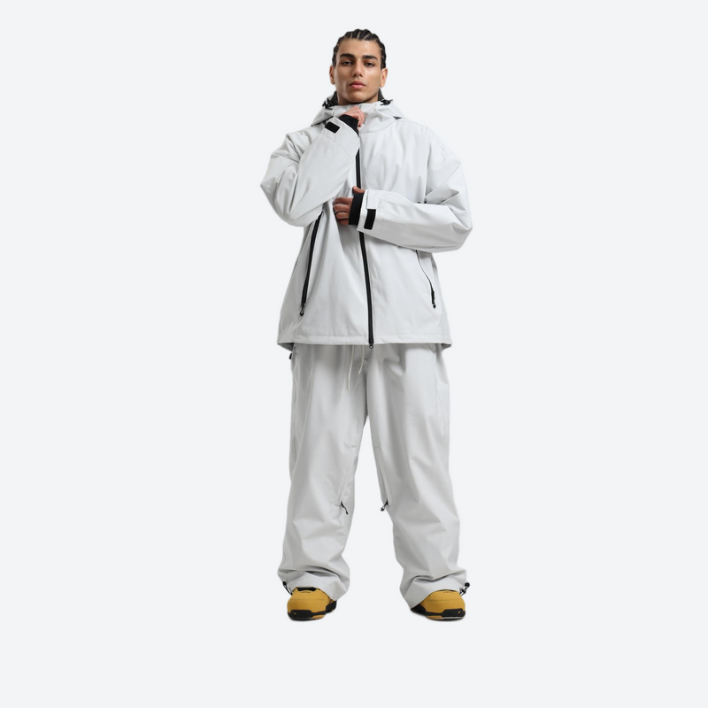 Men's waterproof 2L snow jacket and pants - light gray jacket with light gray pants, for cold-weather winter sports