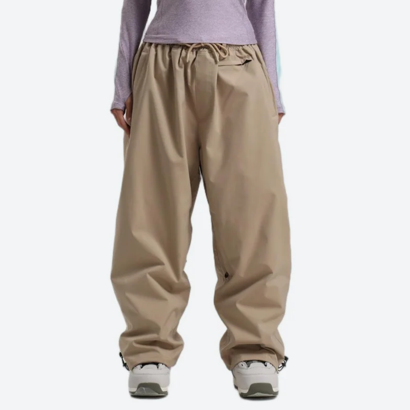 Women's breathable 2-layer snowboard jacket and pants - lavender base layer top with tan snow pants, on-model front view