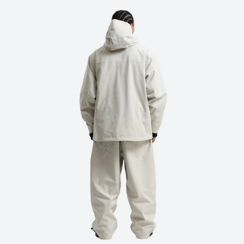 Men's waterproof 2L snow jacket and pants - white jacket with white pants, on-model back view, for cold-weather winter sports