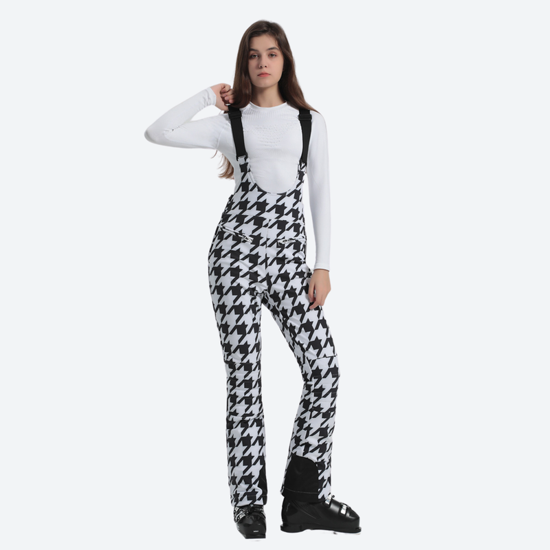 Women's stretchable ski bib with adjustable suspenders - houndstooth slim fit ski bib, for resort ski days