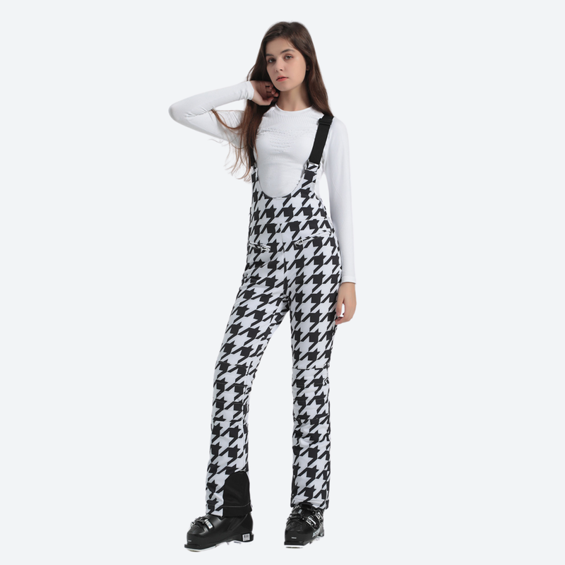Women's slim ski bib with inner snow skirt - houndstooth slim fit ski bib, for skiing and snowboarding