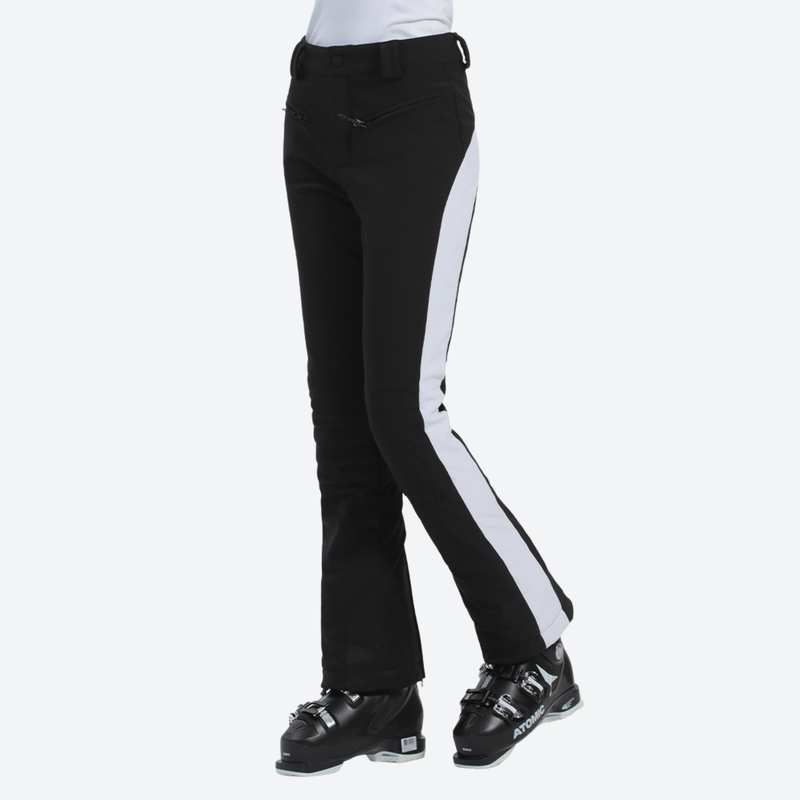 Women's slim waterproof ski trousers for resort - black ski pants with white side stripe, for winter mountain trips