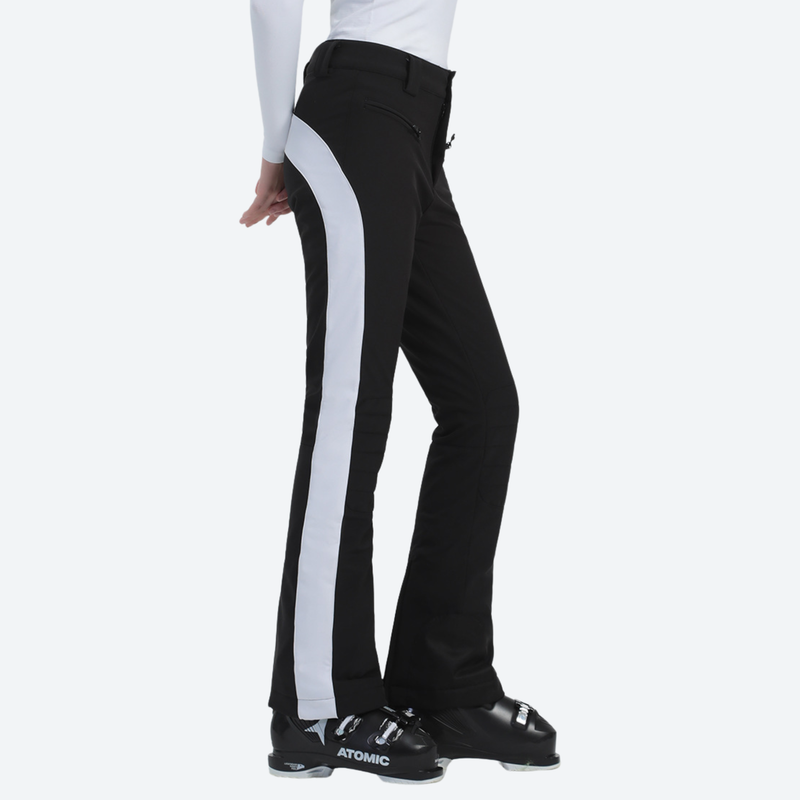 Women's adjustable ski pants with inner snow skirt - black ski pants with white side stripe, for snow sports weekends