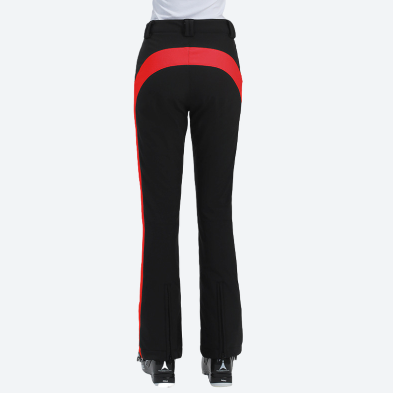 Women's adjustable ski pants with inner snow skirt - black ski pants with red side stripe, for skiing and snowboarding