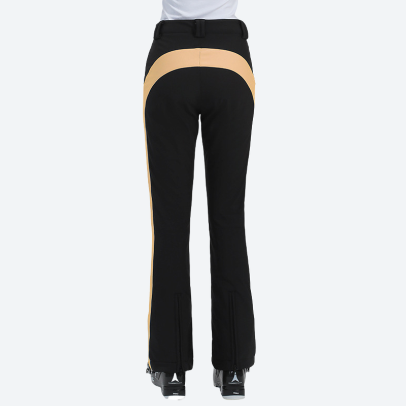 Women's slim fit waterproof stretchable ski pants - black ski pants with khaki side stripe, for winter mountain trips