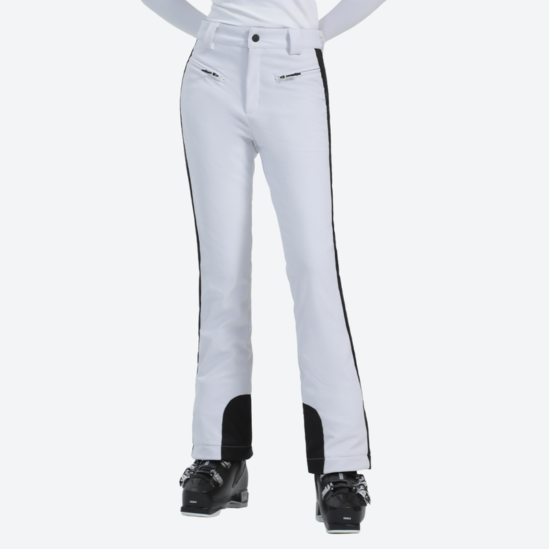 Women's slim fit waterproof stretchable ski pants - white ski pants with black side stripe, for snow sports weekends