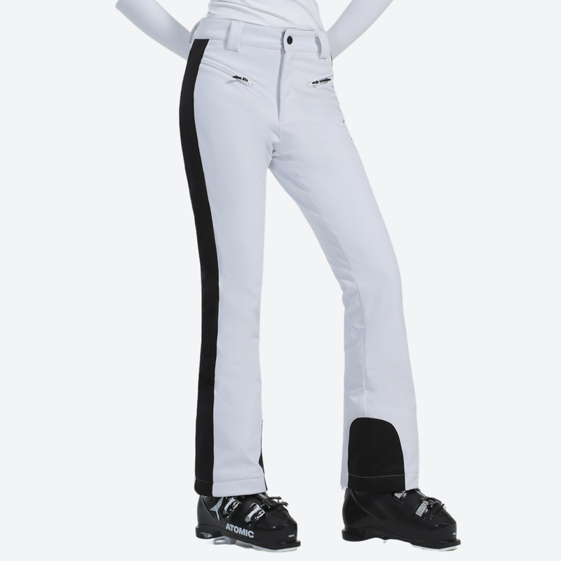 Women's adjustable ski pants with inner snow skirt - white ski pants with black side stripe, for winter mountain trips