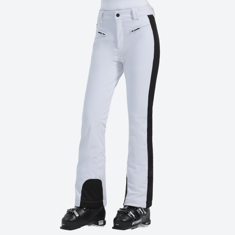 Women's slim waterproof ski trousers for resort - cream ski pants with black side stripe, for skiing and snowboarding