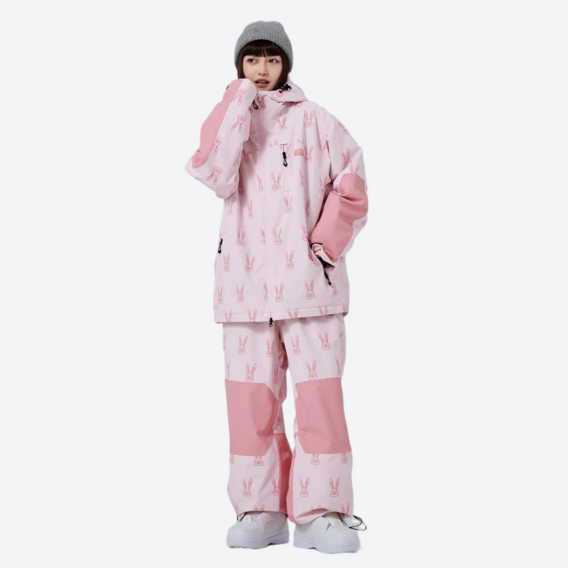 Women's 2-layer snowboard jacket and pants - pink rabbit print jacket with matching pants, for skiing and snowboarding
