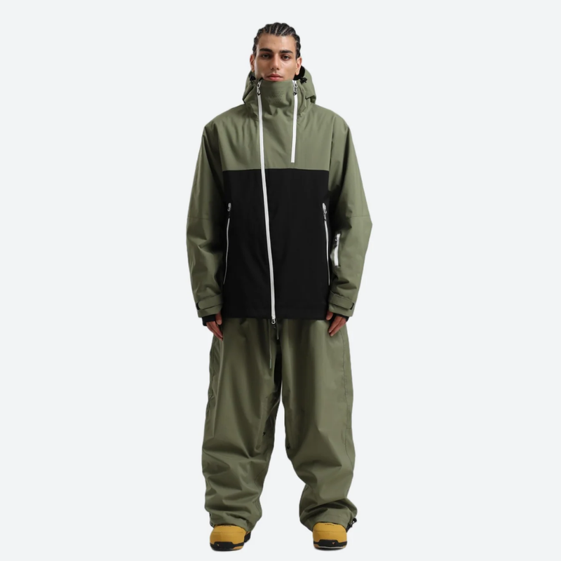 Men's colorblock ski anorak set - olive green and black colorblock, on-model front view, for skiing and snowboarding