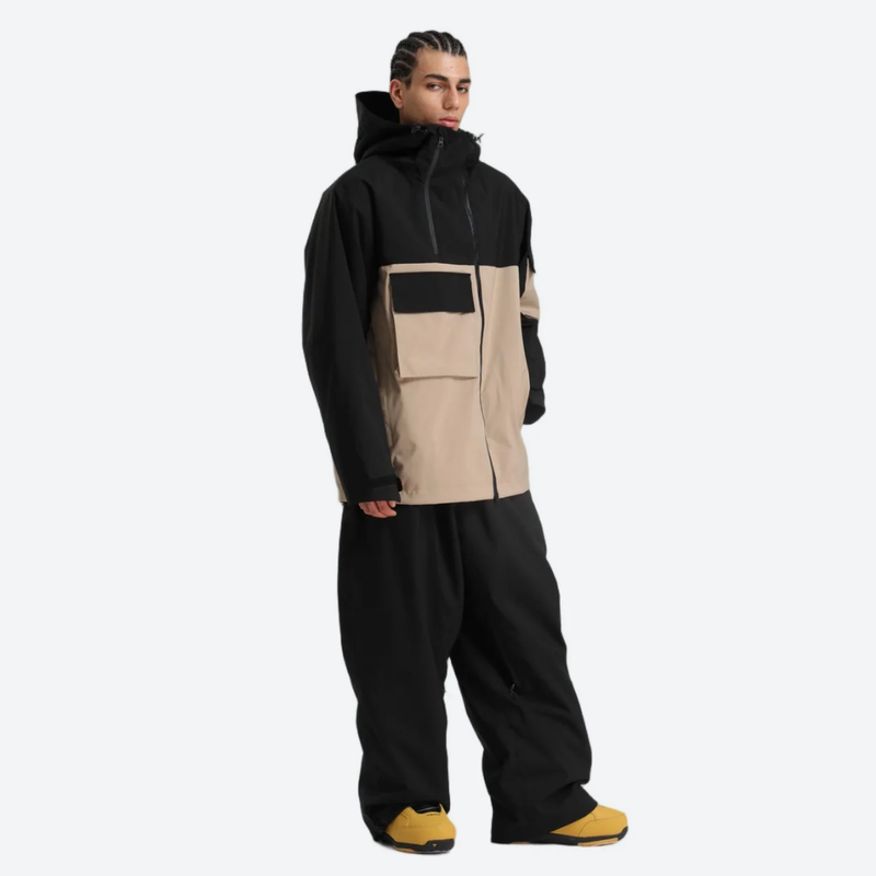 Men's waterproof 2L snow jacket and pants - black and tan colorblock jacket with black pants, for skiing and snowboarding