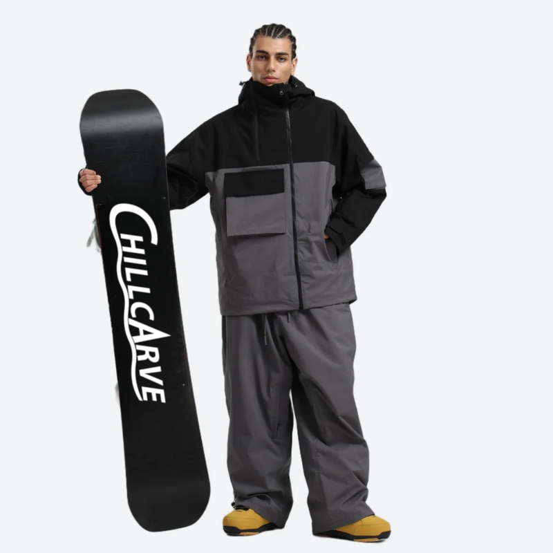 Men's waterproof 2L snow jacket and pants - black and gray colorblock jacket with gray pants