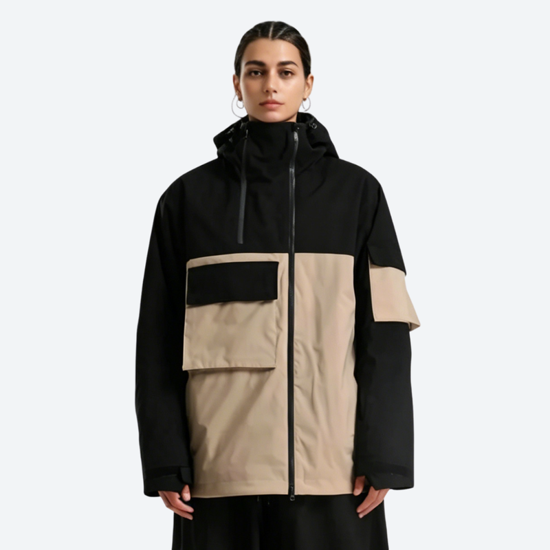 Women's breathable 2-layer snowboard jacket and pants - black and tan colorblock, for resort and street wear