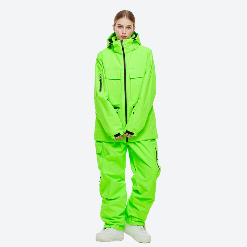 Women's 2-layer snowboard jacket and pants - neon green jacket with neon green pants, for cold-weather winter sports