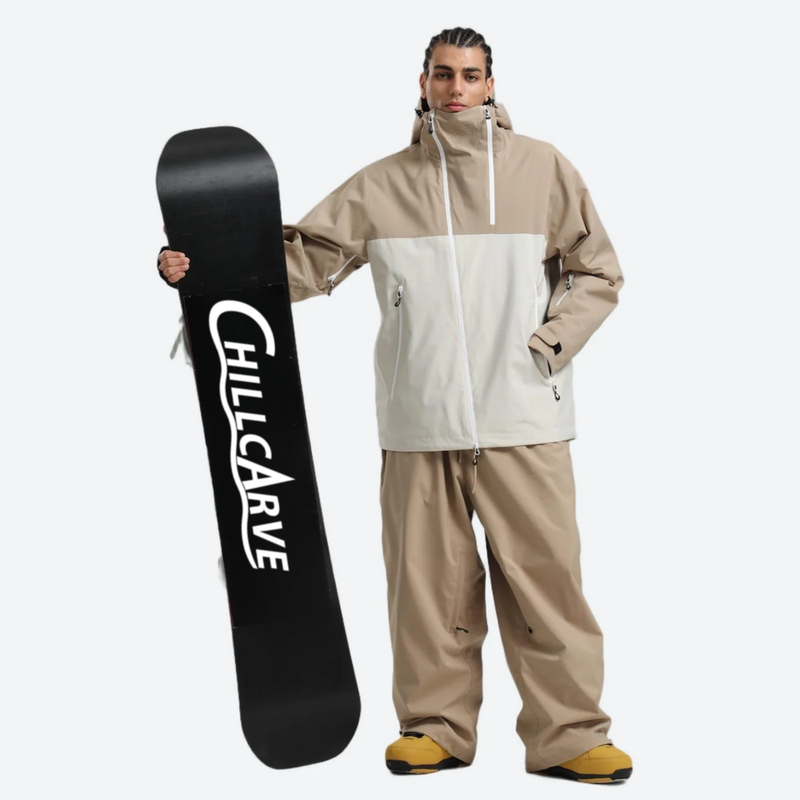 Men's breathable 2L snowboard jacket and pants - tan and white colorblock, for cold-weather winter sports