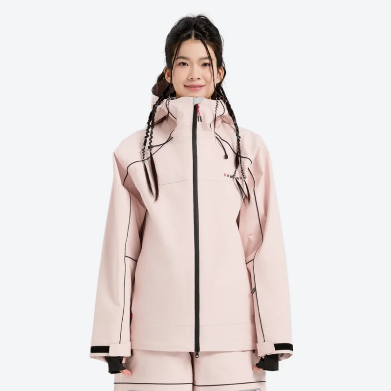 Men's waterproof 2L snow jacket and pants series - light pink jacket, on-model front view, for cold-weather winter sports