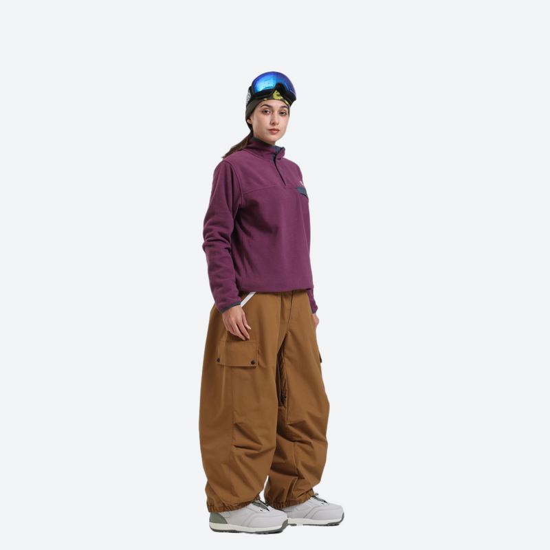 Unisex breathable wide-leg ski pants - tan snow pants with purple pullover, for cold-weather winter sports