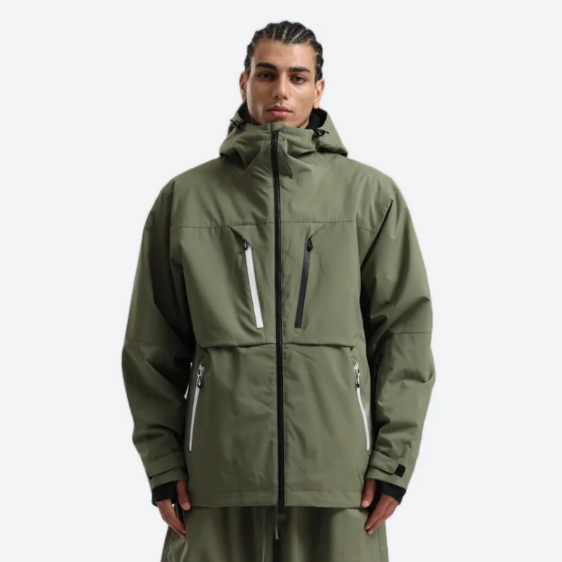 Men's 2-layer snowboard jacket and pants - olive green jacket, on-model front view, for resort and street wear