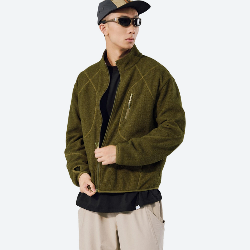 Breathable honeycomb knit fleece jacket with full zip - olive honeycomb fleece jacket on men with cap