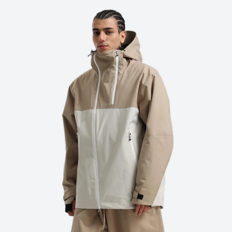 Men's breathable 2L snowboard jacket and pants - tan and white colorblock, for skiing and snowboarding